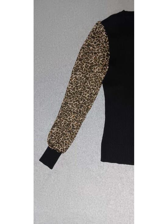 DKNY Bishop Sleeve Sweater Womens M Sheer black Leopard Print Sleeves Ribbed - Picture 5 of 12